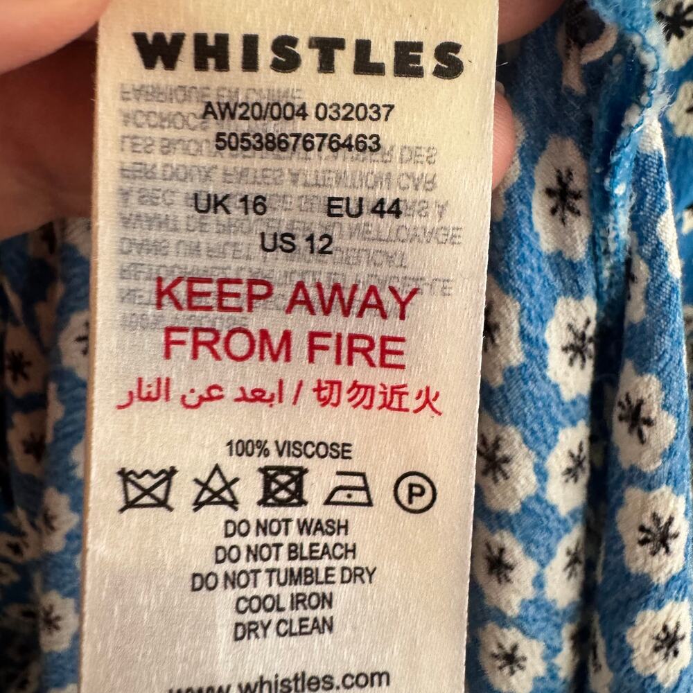 Whistles Astrix Floral Midi Dress Blue Button Front High Slit Short Sleeve Sz 12 - Picture 9 of 10